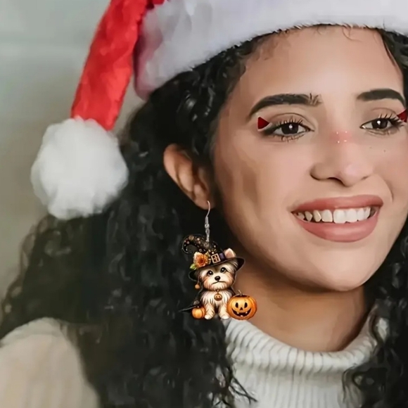 NEW Chic Acrylic Dog With Pumpkin Dangle Earrings - Picture 4 of 6